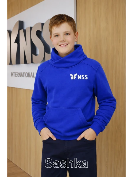 Худі для хлопчика з коміром синє з логотипом школи NSS, розмір 116-164